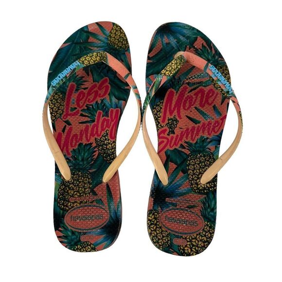 Havaianas Flip Flops Women Size 11 12 Tropical Pineapple Less Monday More Summer - Picture 1 of 8